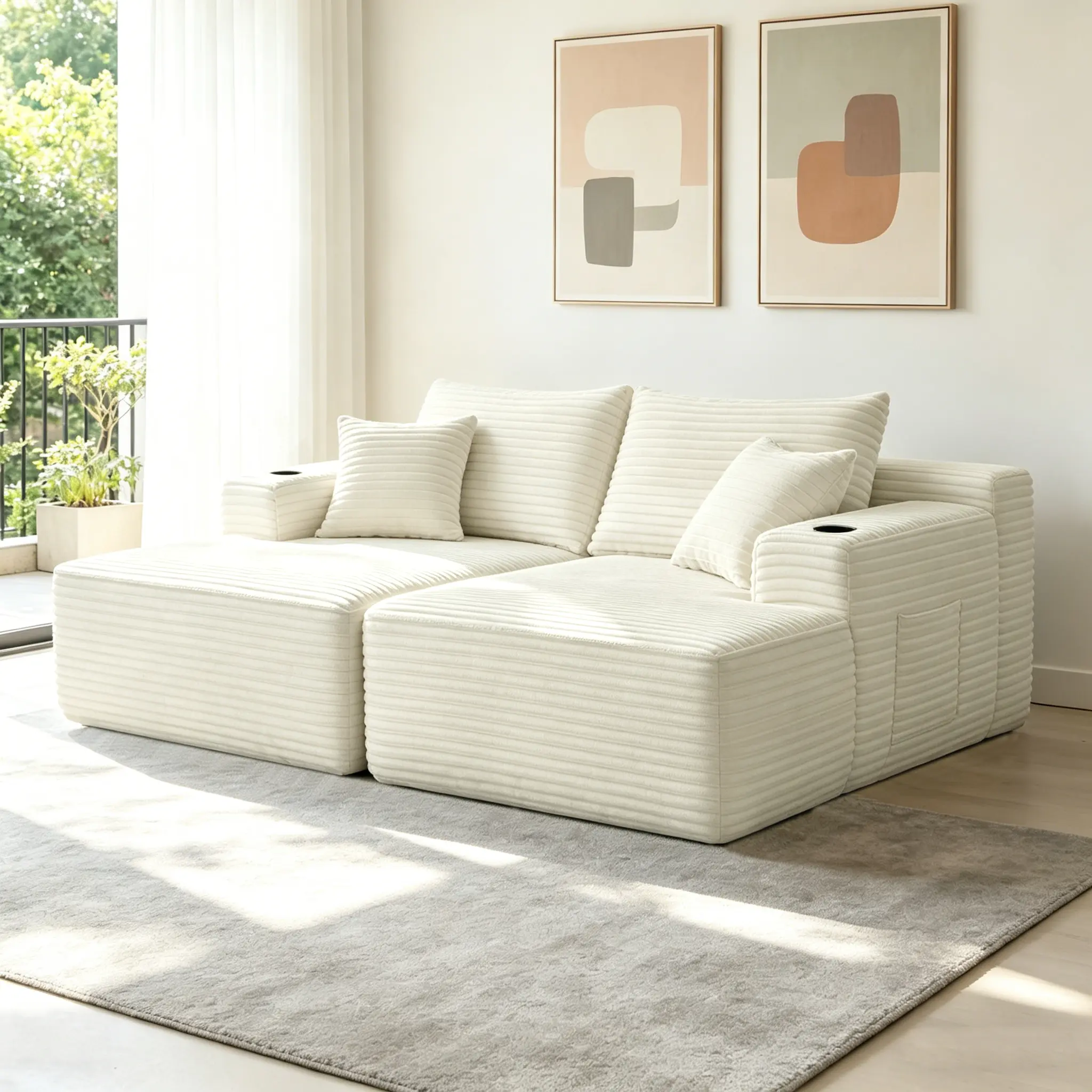 76" Cloud Sectional Couch, L-Shape Chaise with Deep Seat, 2-Seater Sofa in Plush Beige White Fabric with Cup Holder, Modern Living Room Furniture