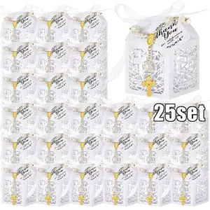 Gift for Her/Him 25Set Baptism Favors Set, Includes Mini Rosaries, Laser Cut Baptism Favor Boxes, White Organza Bags And Thank You Tags for Bautizo Recuerdos Christening Wedding Party Supplies