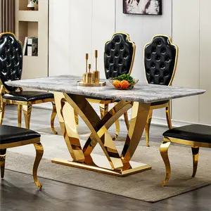 Marble Dining Table for 6 People, 70'' Rectangle Faux Marble Dining Table with Mirrored Finish Stainless Steel Base, Modern Large Size Marble Kitchen Table (Silver,Grey)(Only table), Classy Design, Marble Top