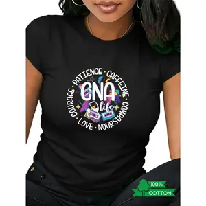 CNA Life Patience Caffeine Compassion Cotton Tee, Retro Nurse Assistant Print Casual Women Healthcare Worker Top,funny graphic tee,summer graphic tees,tee