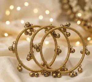 Traditional Kashmiri Ghungroo Bangles Set of 4 - Gold Tone Bridal Churi with Jingle Bell Charms - Pakistani Jewelry - Ethnic Charm Bracelet