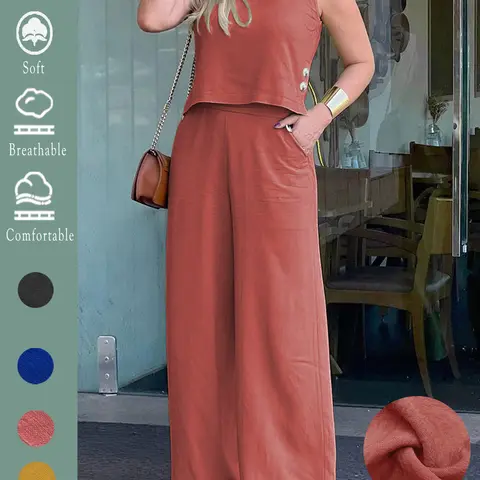 Women's Elegant Basic Solid Color Woven Loose Sleeveless Round Neck Cropped Top Wide Leg Pants Outfit Suits Set 2pcs, Comfortable Summer Everyday Casual with Pockets for All Seasons, Stylish Set for Holiday & Daily Wear Pocketed Pants Set
