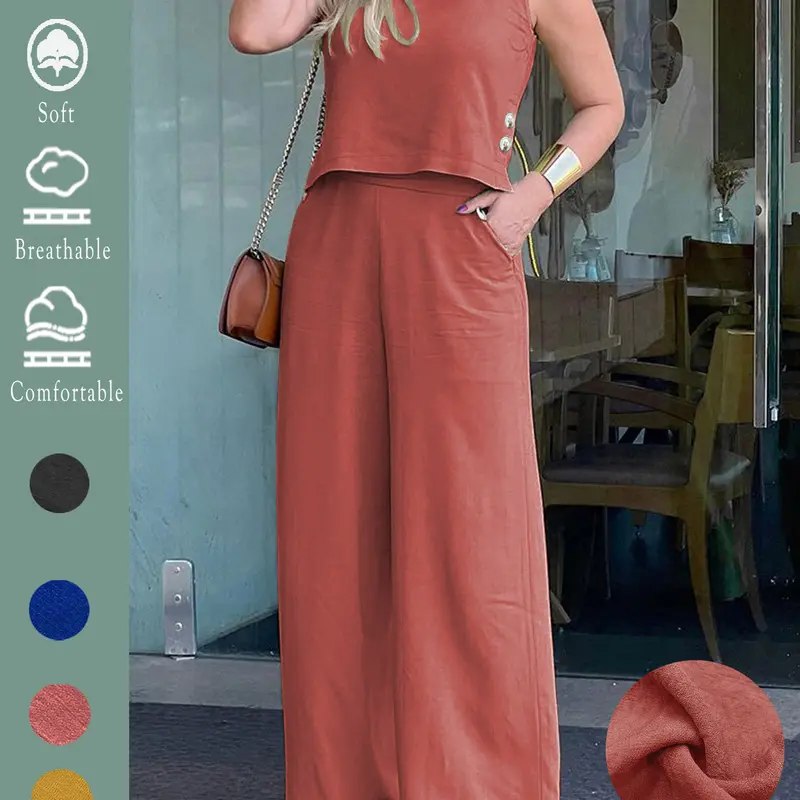 Women's Elegant Basic Solid Color Woven Loose Sleeveless Round Neck Cropped Top Wide Leg Pants Outfit Suits Set 2pcs, Comfortable Summer Everyday Casual with Pockets for All Seasons, Stylish Set for Holiday & Daily Wear Pocketed Pants Set