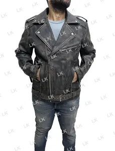 Mens Distressed Biker Motorcycle Racer Real Leather Jacket