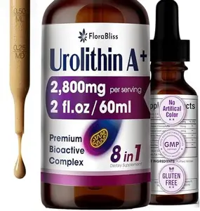 FloraBliss Urolithin A Supplement 2800 mg Liquid Drops | with Trans-Resveratrol, Collagen Peptides, Pomegranate Extract, Hyaluronic Acid, Vitamin E & C | 60ml |30-Day Supply