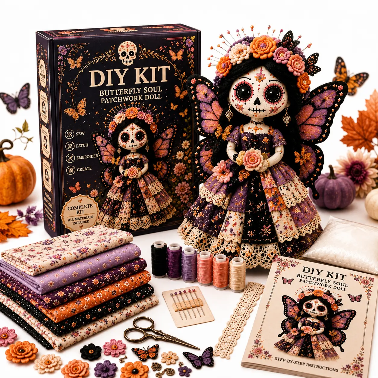Halloween DIY Craft Kit, Patchwork Stuffed Doll Making Set, Complete Hand Sewing Crafting Materials, Creative Halloween Home Decor Supplies, Handicraft Project for Kids and Adults