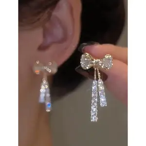 Bow Decor Dangle Earrings, High Quality Earrings, Elegant Rhinestone Decor Drop Earrings for Women, Fashion Jewelry for Party, Daily Birthday Gift
