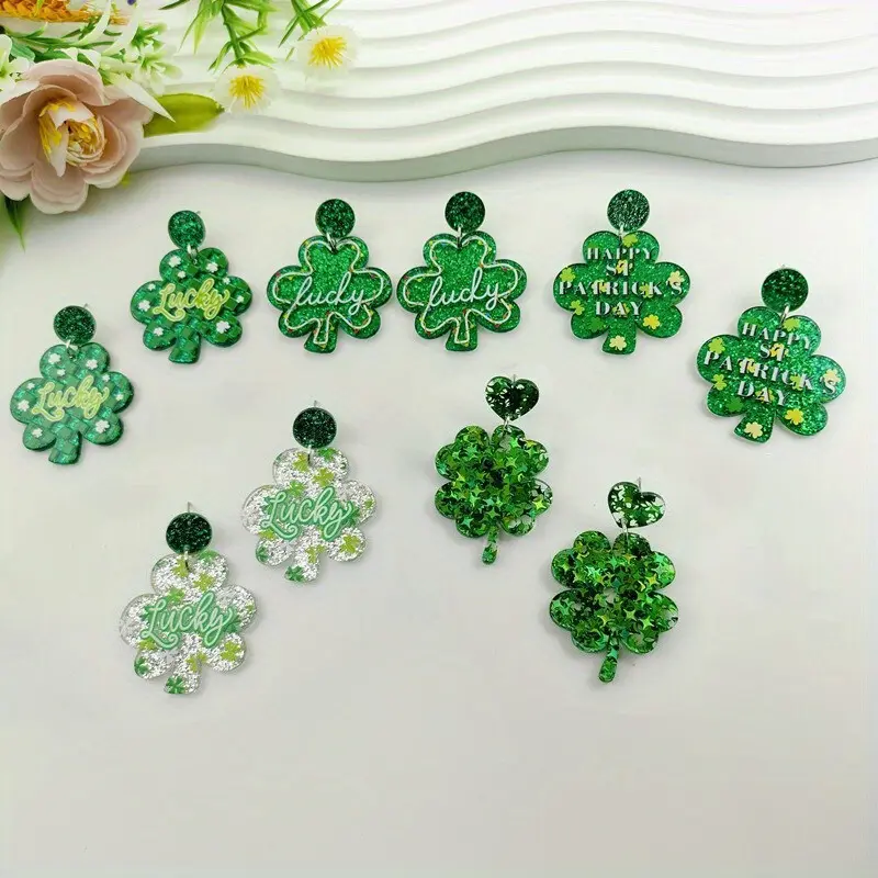 5-Piece Shamrock Earring Set for Women, Vintage Acrylic Bohemian Costume Jewelry for St. Patrick's Day, Acrylic Earring Set, Fashion, Bohemian Style, Female