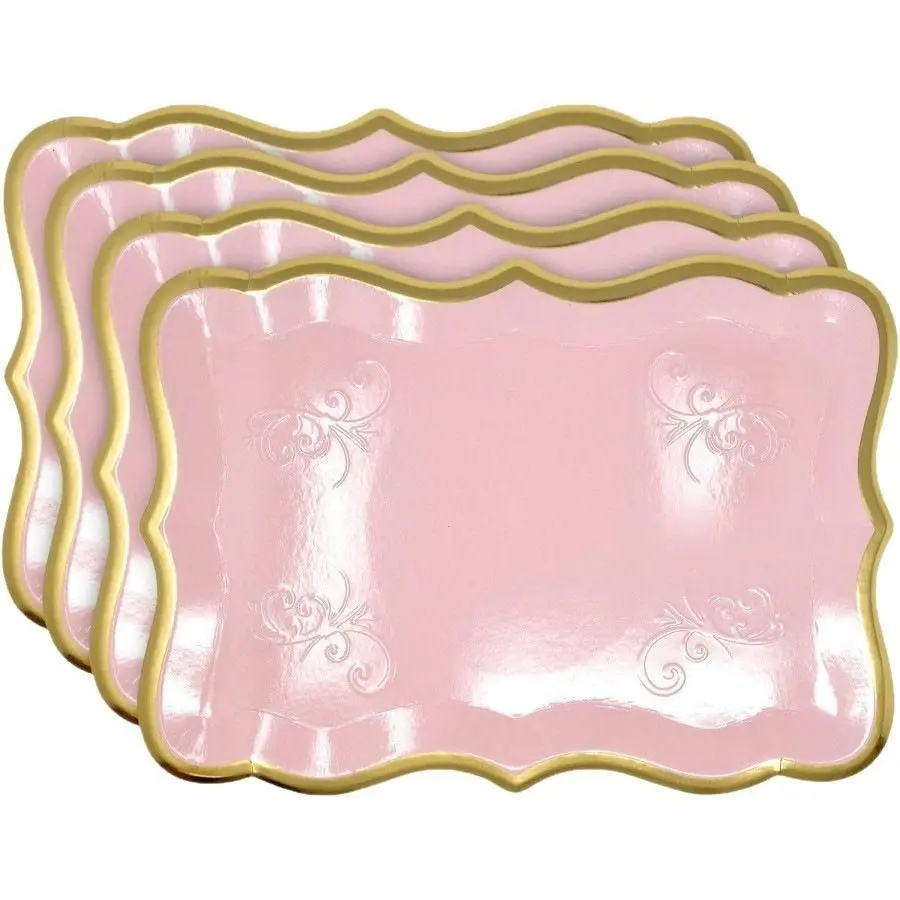 10pcs Elegant White Rectangular Paper Tray with Gold Foil Border – Disposable Serving Tray for Desserts, Snacks, and Party Display