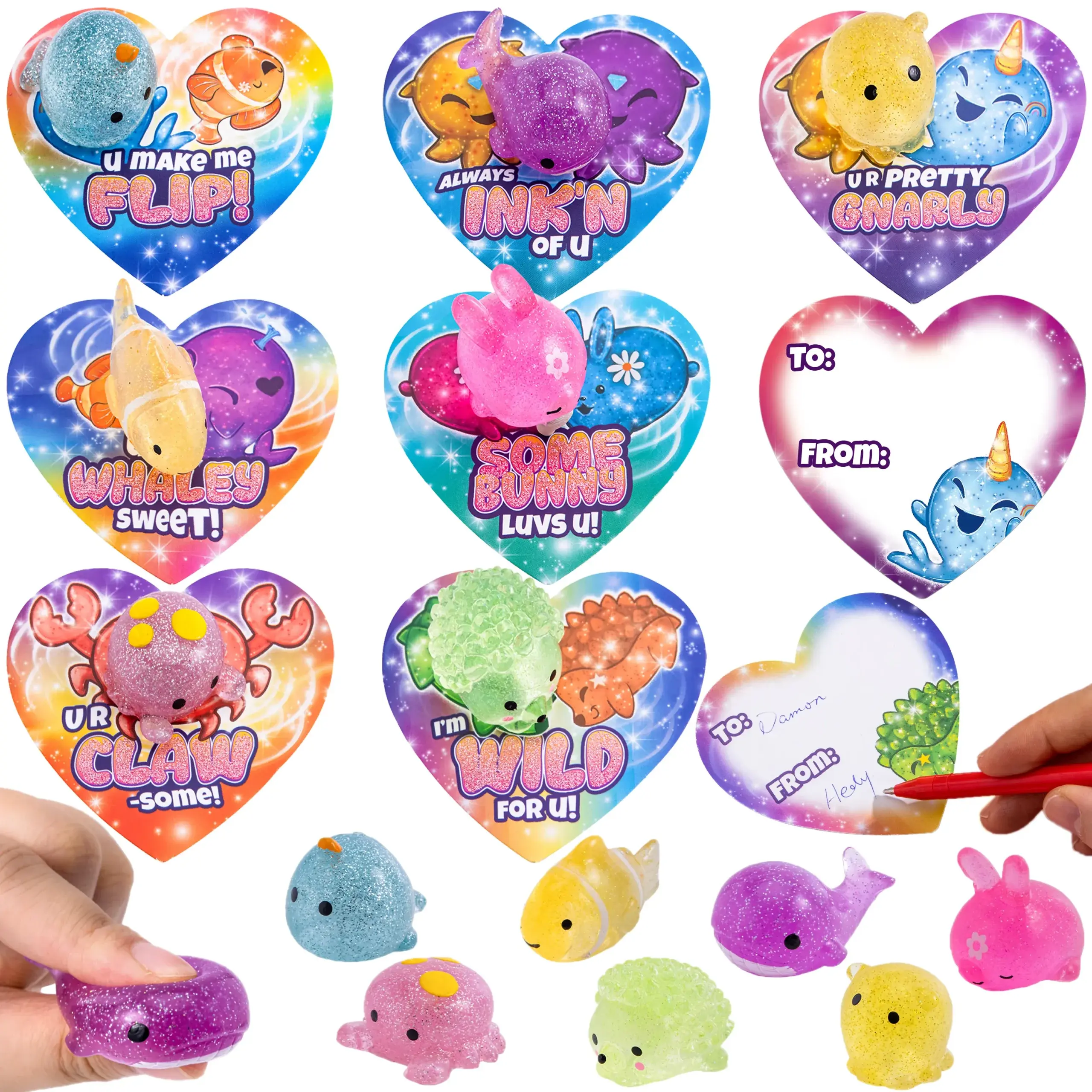 28 Pack Glitter Mochi squishy Toys with Kids Valentines Cards for Classroom Exchange 2025 Valentine Exchange Cards &28Pcs Mochi Filled Heart