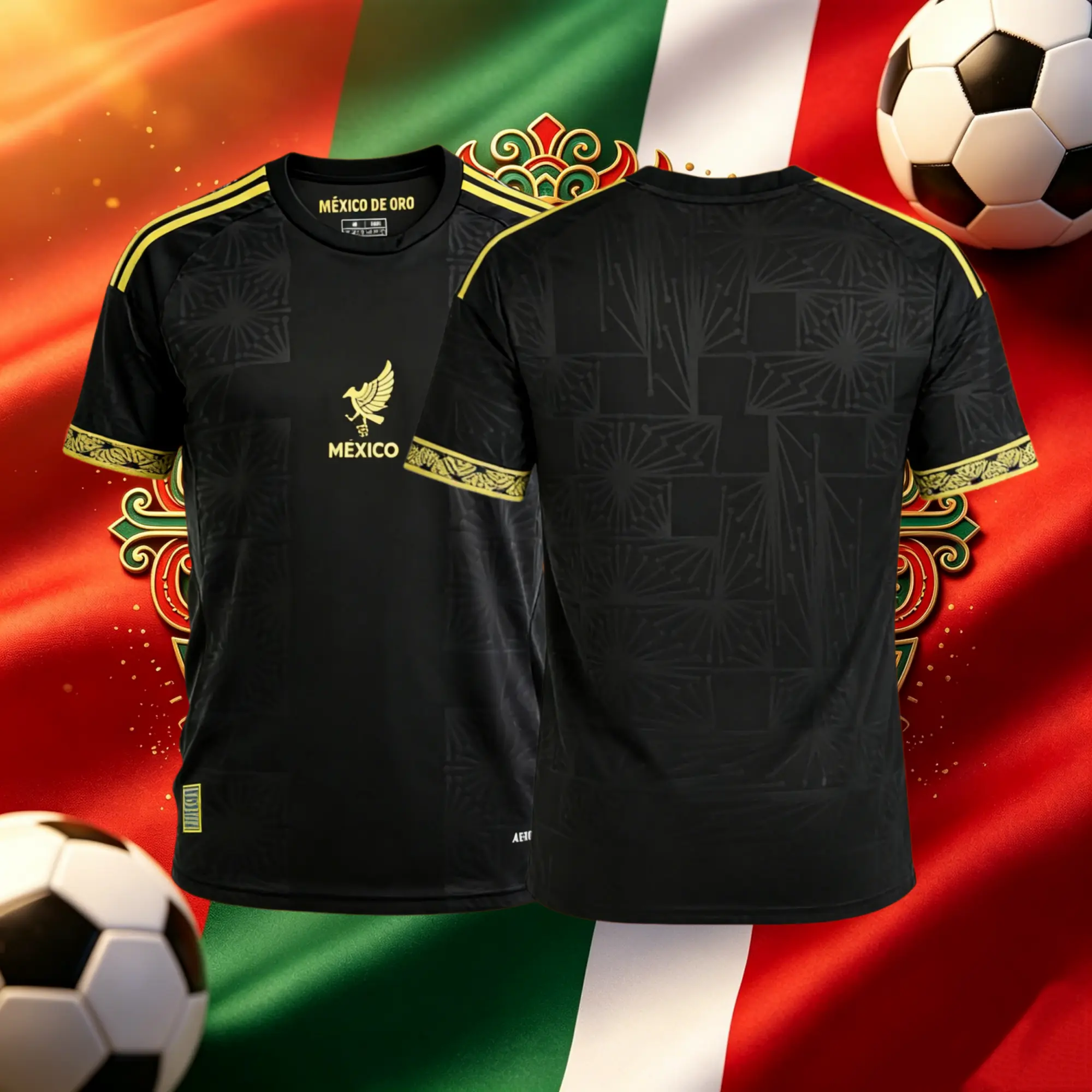2025 Mexico National Team Home Long Sleeve Soccer Jersey Black and Gold Soccer Jersey Fans Version