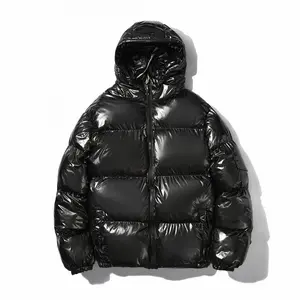 Mens Shiny Puffer Jacket Zip Up Hooded Coat Thick Cotton Padded Outerwear Warm Winter Streetwear Fashion Casual Loose Fit Clean Look Windproof Thermal Jacket With Side Pockets Stylish Minimalist Design For Cold Weather Comfort
