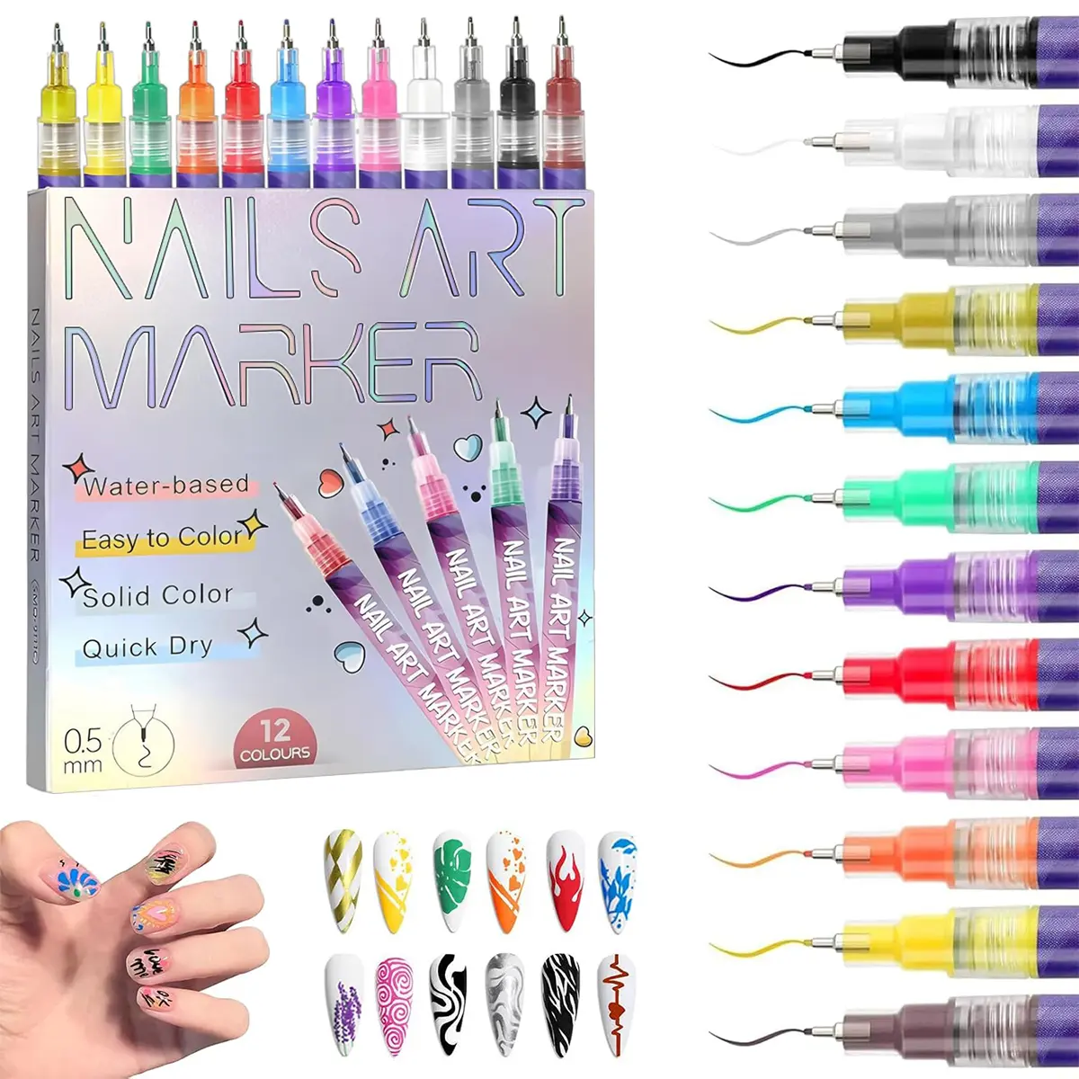 12-Color 0.5mm Nail Art Pens Set – Waterproof Quick-Dry Acrylic Drawing Liner Pen Kit for DIY Nail Design & Manicure