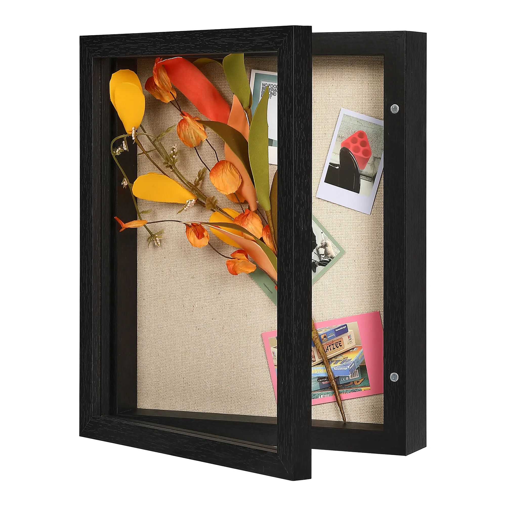 8x10 Rustic Shadow Box Frame, Black, with Real Glass, Linen Back, and Push Pins – Display Case for Photos, Keepsakes, Baby Memories, Weddings, or Memorial Gifts