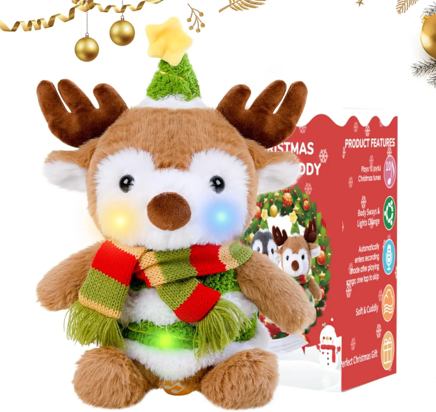 MIAODAM Cute Christmas Reindeer Plush Light-Up Glow Stuffed Toy - Sings a Lullaby, Adjustable Volume, Unisex Holiday/Birthday Gift for 12+ Years Kids (Cute Deer)