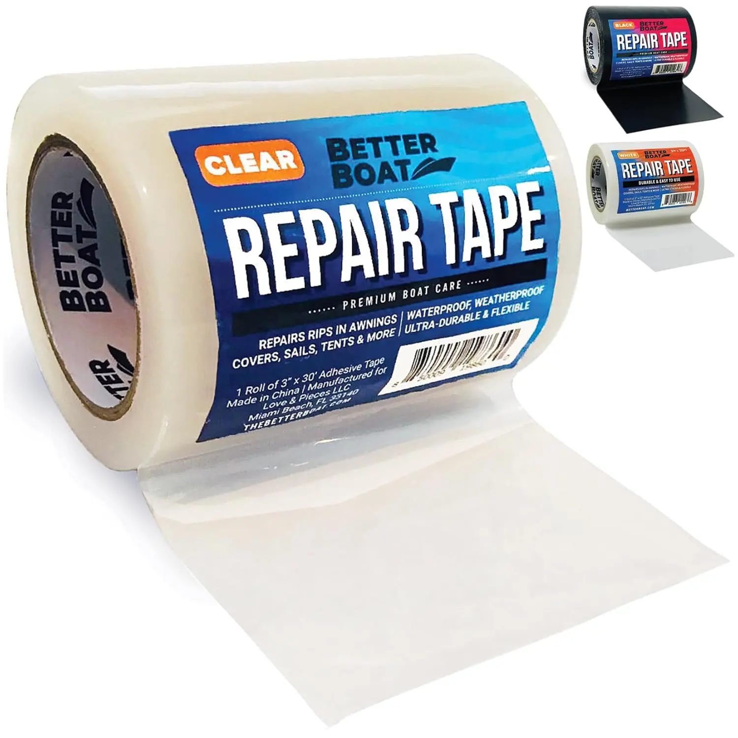 Better Boat Repair Tape for Fabric and Vinyl 30ft x 3in, Clear Waterproof Patch Tape for RV Awning Canvas Tent Tarp Sail Canopy Boat Cover, Heavy Duty