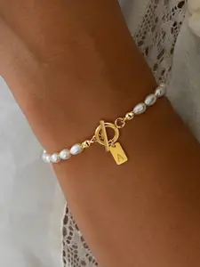 Rectangular Initial OT Buckle Pendant Bracelet for Women, Vintage Faux Pearl Beaded Jewelry, Elegant All Season Accessory