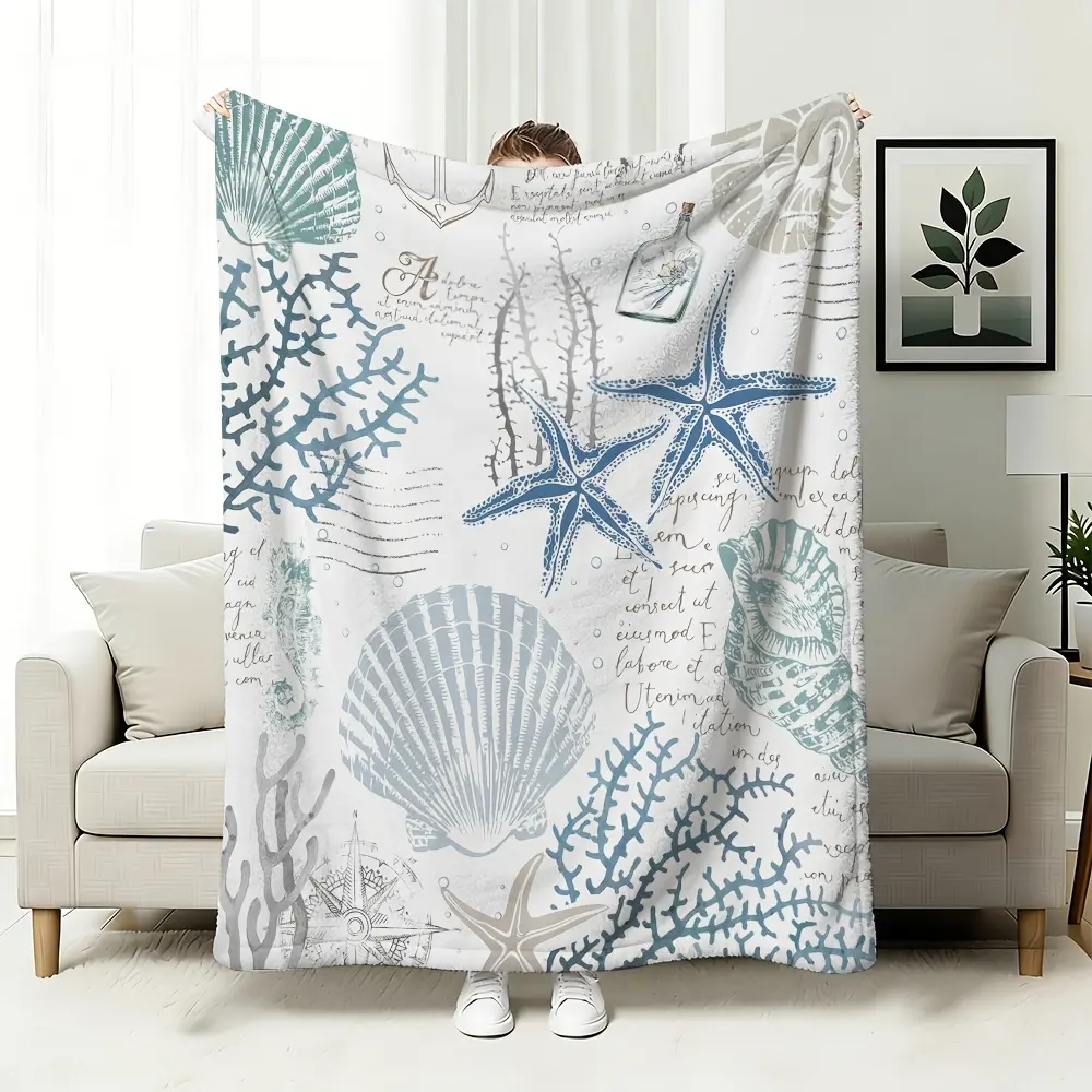 Starfish and Shell Blanket Coral Nautical Coast Ocean Coral Beach Blue Cyan Vintage Ocean Mural Suitable for Sofa Sofa Bed Comfortable Plush and Lightweight