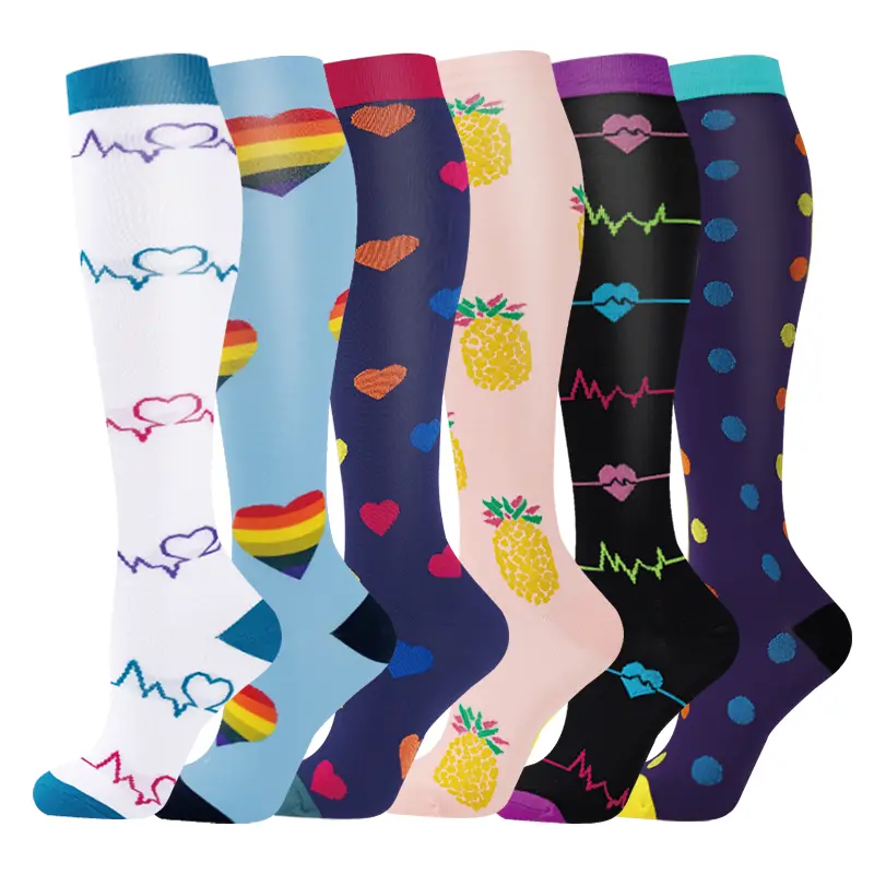 MhzyCaus 6 Pairs Women's Colorful Heart Print Compression Calf Socks Breathable Stretchy Supportive for Market Trips City Walking Relaxed Weekdays Compression Stocking