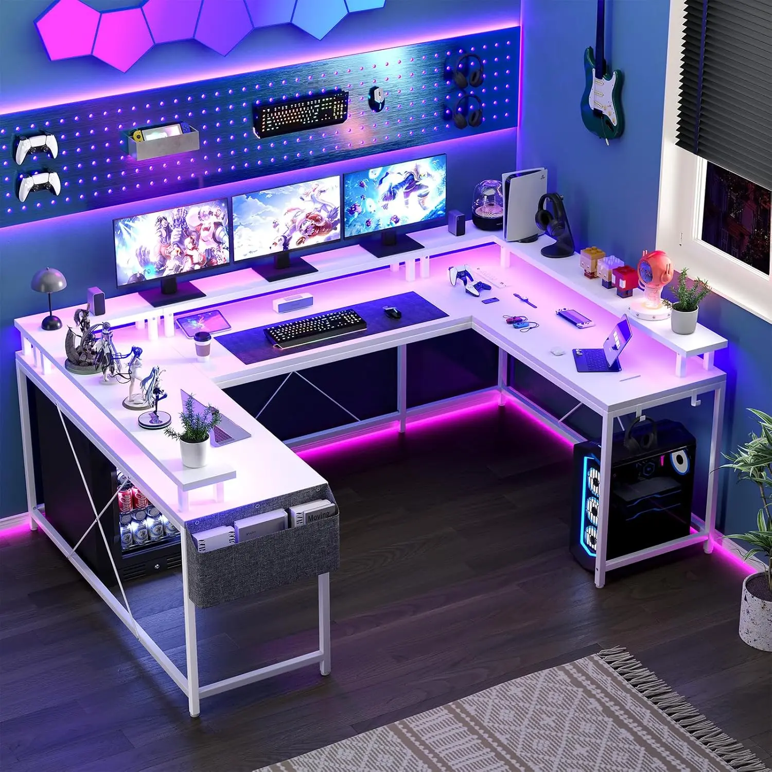 78-Inch White Versatile U-Shaped Gaming Desk - Power Outlets, RGB LED Lights, Reversible L-Shaped Design, Monitor Stand, Ample Storage, Desks for Gaming, Ideal for Work, Gaming Desks