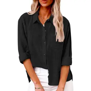 Summer Linen Shirts Casual Button Down Long Sleeve Cotton Top Blouse Shirt with Pocket