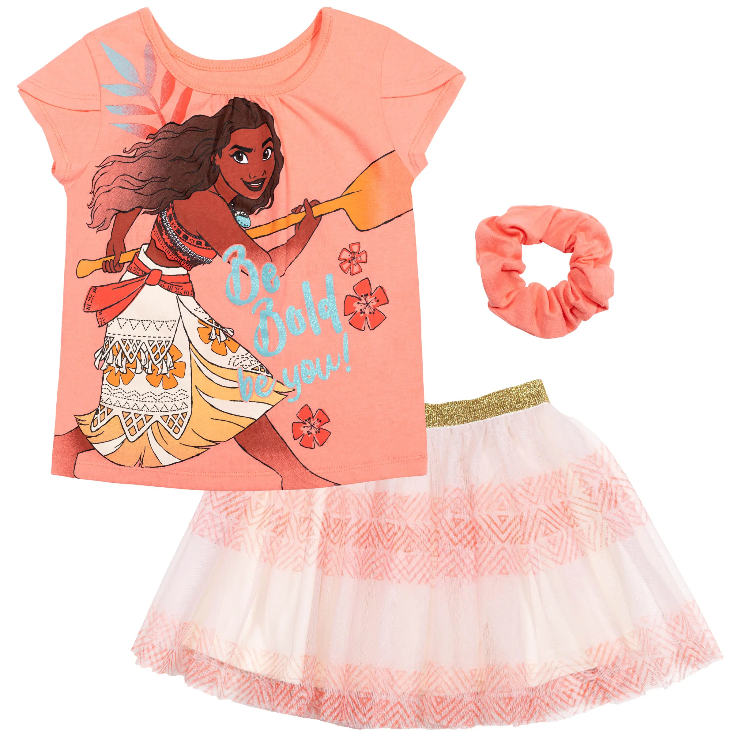 Disney Princess Girls' 3-Piece Tutu Outfit Set, Cotton-Blend Graphic Tee with Tulip Sleeves, Mesh Skirt & Matching Scrunchie, Kids Clothing Girls, 2T, 3 - 4 Years, 3T