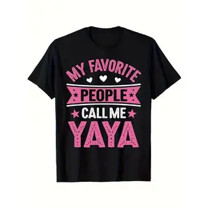 Wo "My Favorite People Call Me Yaya" Graphic T-Shirt - Black with Pink Lettering and Heart Design, Breathable Short Sleeve Crewneck Casual Tee, All-Season Comfort Fit for Family Gifts, Casual Attire and Special Occasions - Stylish and Soft Round Neck