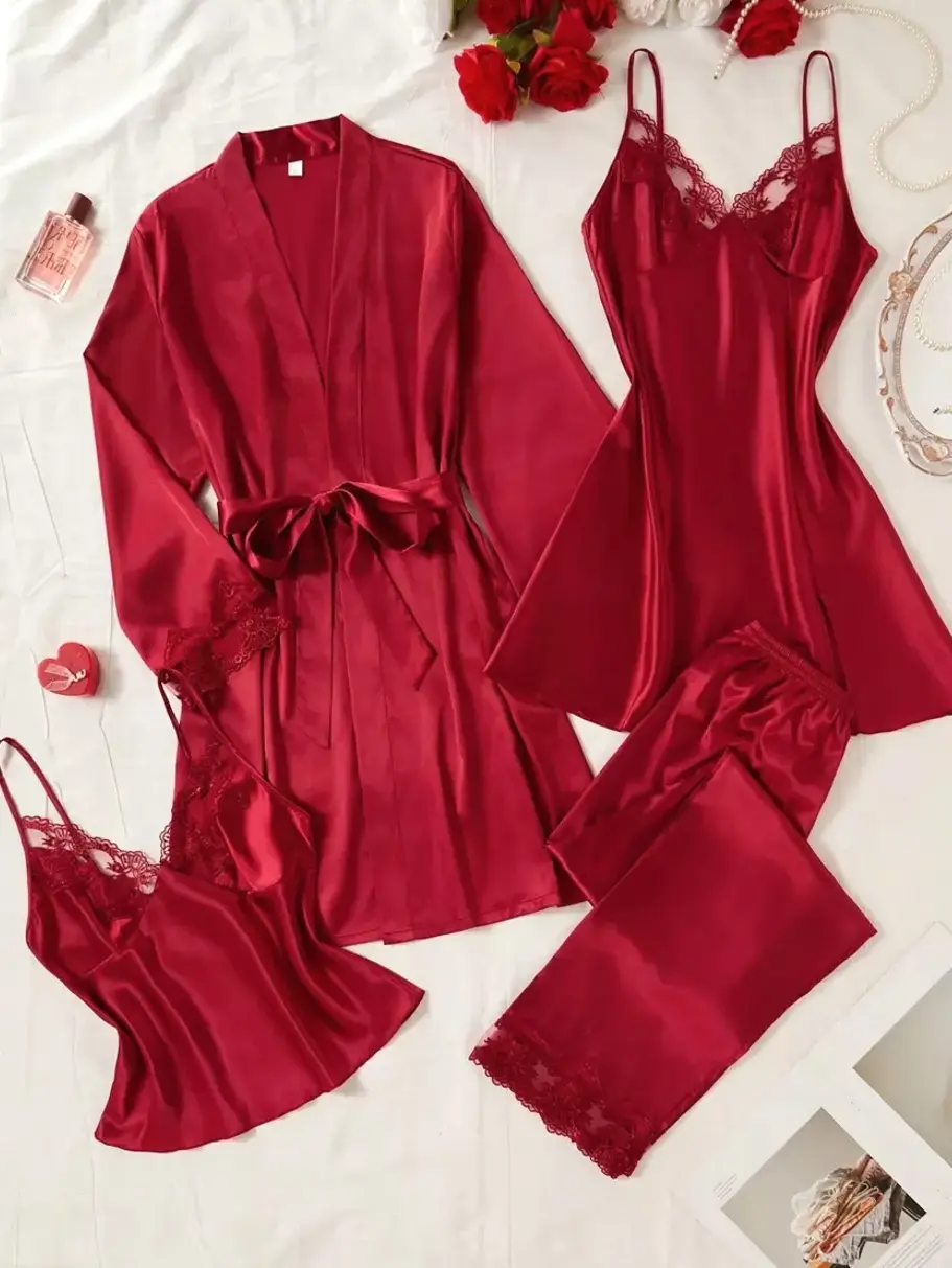 Women's Elegant Embroidered Lace Cami Top & Sleep Dress & Pants & Sleepwear Belted Robe Multi Pieces Set, Fall Winter Clothes