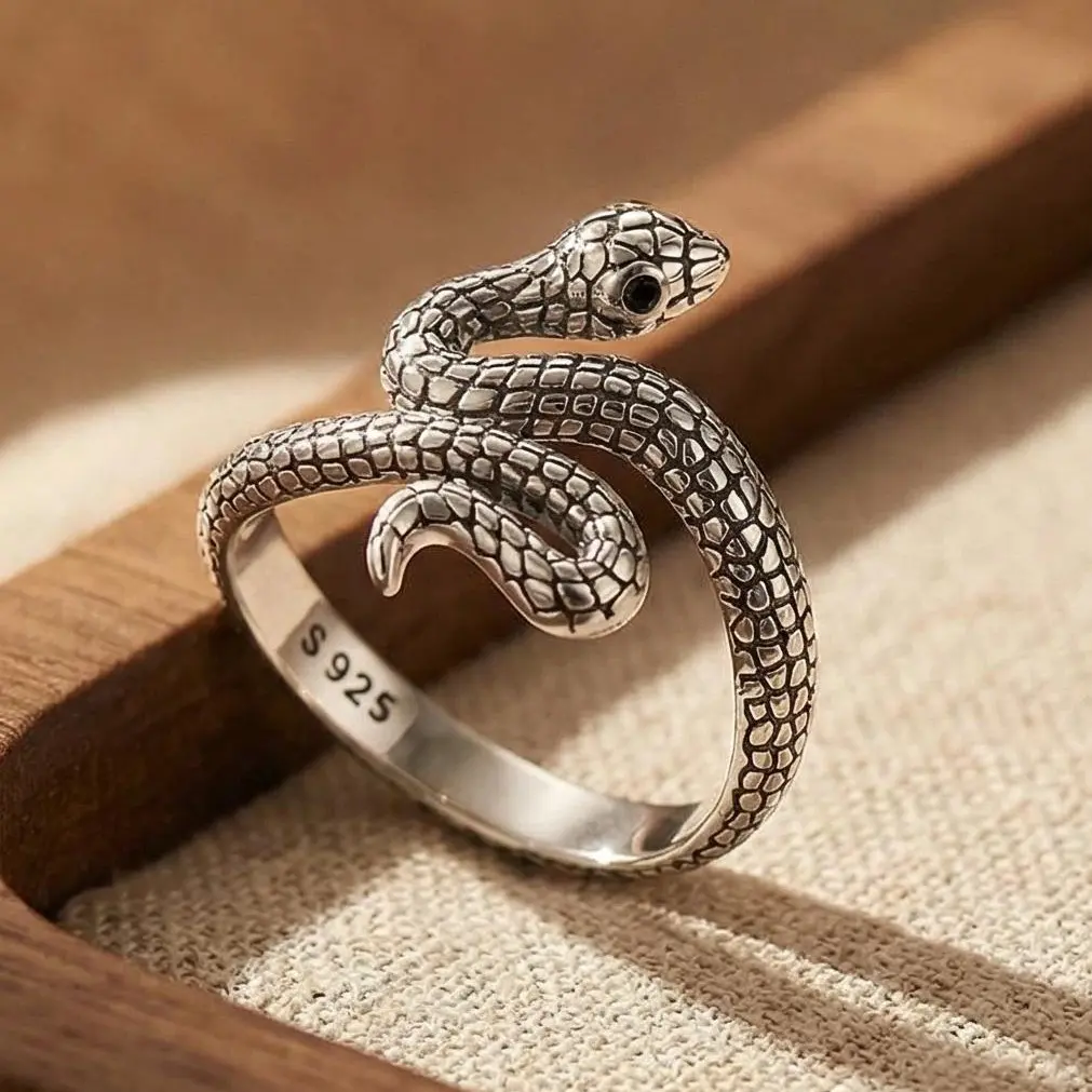 S925 Vintage Silver Exquisite Trendy Ring - Adjustable Snake Open Ring with Unique Texture, Bold Punk Style, Pagan Black Witch Lilith Symbolic Unisex Jewelry Gift for Friends