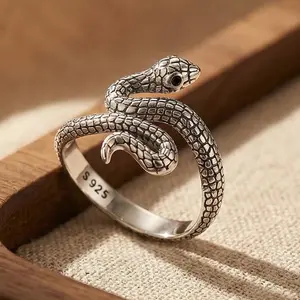 S925 Vintage Snake Open Ring with Adjustable Unique Texture and Bold Design, Trendy Punk Style Jewelry and Unisex Gift for Friends, Pagan Black Witch Lilith Symbolic Jewelry