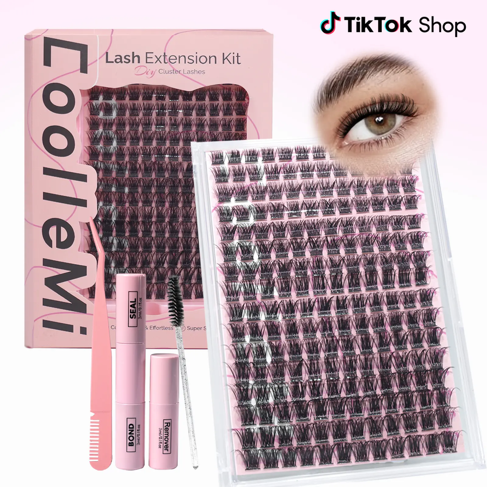 D Curl DIY Eyelash Clusters Kit, 0.07mm Lash Extensions for Volume and Definition, Complete Beauty Products Set with 10-18mm Mix, Bond, Seal and Tools, 10-18Mix, Eyelashes Extensions, Cosmetic, Youth, Phthalate-Free, Makeup, Mixed, Dense, 192 Pcs, Coollem
