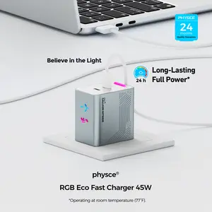 Physce 45W RGB Eco Fast Charger 2 Port Foldable GaN Wall Charger USB C Fast Charging Block for iPhone 17/16/15 iPad MacBook Pro/Air Galaxy Pixel and More Series