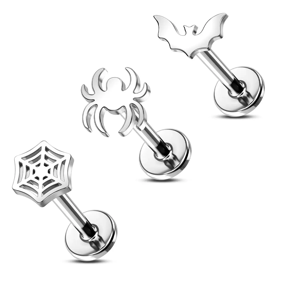 Oufer 16G 3PCS Flat Spider Web/Bat/Spider Internally Threaded Helix Cartilage Lope Stud Earrings