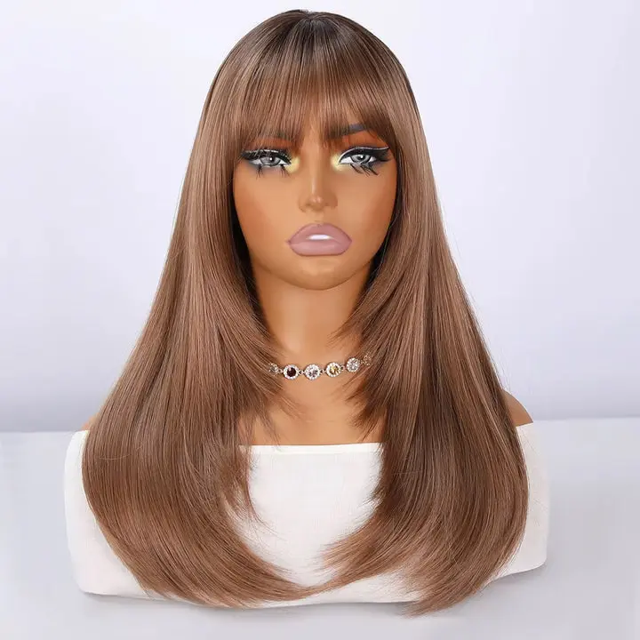 Posh Trio Beauty 24” Medium Brown Layered Bang Wig | Straight Synthetic Wig