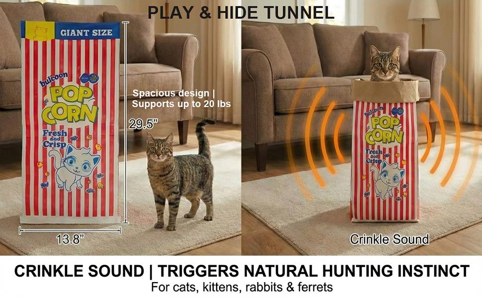 Cat enjoying a large kraft paper hideout and play tunnel