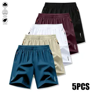 Men's 5PCS Solid Color Drawstring Athletic Shorts Elastic Waistband Zipper Pockets Quick Dry Lightweight Breathable Sports Pants for Gym Running Casual Everyday Wear Basketball Football Style Menswear