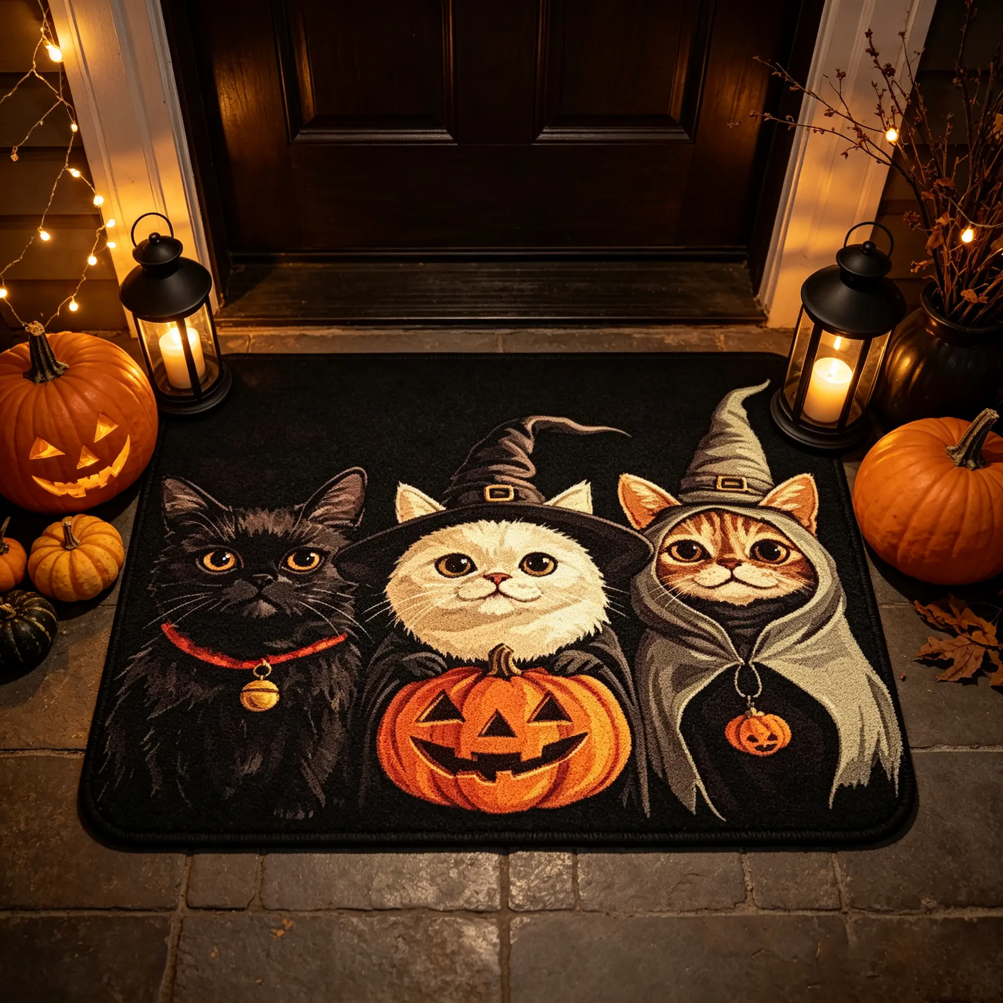 Classic Cute Wizard Cat Pumpkin Doormat - Soft, Absorbent, Non-Slip Textile Mat, 2 Sizes, Indoor/Outdoor Doorway Holiday Decor, Flannel, Doorway Area