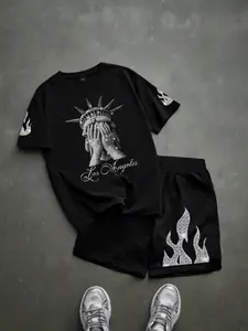 2026 Urban Hip Hop Graphic Short Set Loose Fit Drop Shoulder Tee with Fire Print Flame Shorts Summer Streetwear Co-ord Aesthetic Grunge Outfit for Men & Women