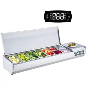 【Summervibes】VEVOR Refrigerated Condiment Prep Station,  160 W Countertop Refrigerated Condiment Station, with 5 1/3 Pans & 4 1/6 Pans, 304 Stainless Body and PC Lid, Sandwich Prep Table with Stainless Guard, ETL