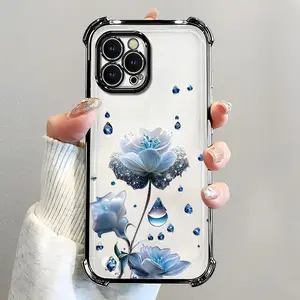 For [iPhone 12 Pro] luxury women's phone case🥰, electroplated four-corner shockproof protection, crystal clear blue flower with water drop design, sophisticated and eye-catching666