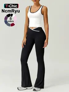 Two-Piece Set Women's Patchwork High Elastic Soft U-Neck Wide Shoulder Strap Vest Cross Waist Top Hip Flared Pants Yoga Clothes Four Seasons Running Gym sports training all-match vest, Workout Running Outfits