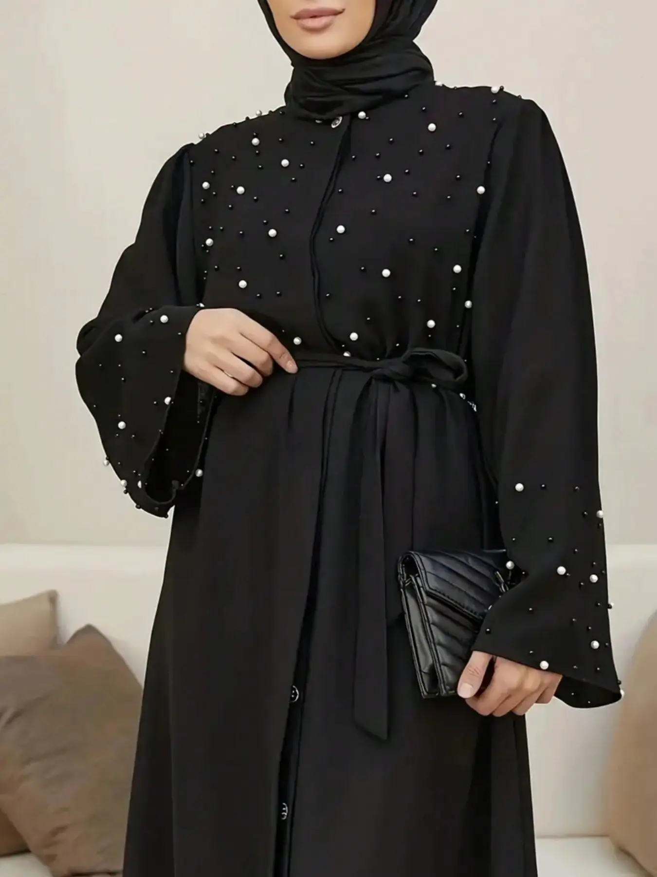 Elegant Women's Loose-Fit Round Neck Long Dress, Button Embellished Rhinestone Design, All-Season Woven Fabric, Modest Style, Arabian Dress