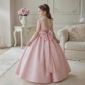 Tween Girl set Pink Satin Backless Lace-Up Princess Dress with Big Bow, 8-12Y Kids Party Dress