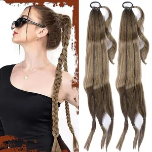 TwiceBecuty 2Pcs Long Braided Ponytail Extensions with Hair Ties 32 Inch Soft Synthetic HairPieces Straight Wrap Around Elastic Band Hair Extensions Pony Tail Hairpieces Accessories for Women Daily Wear   Dark Brown Mixed Honey Blonde