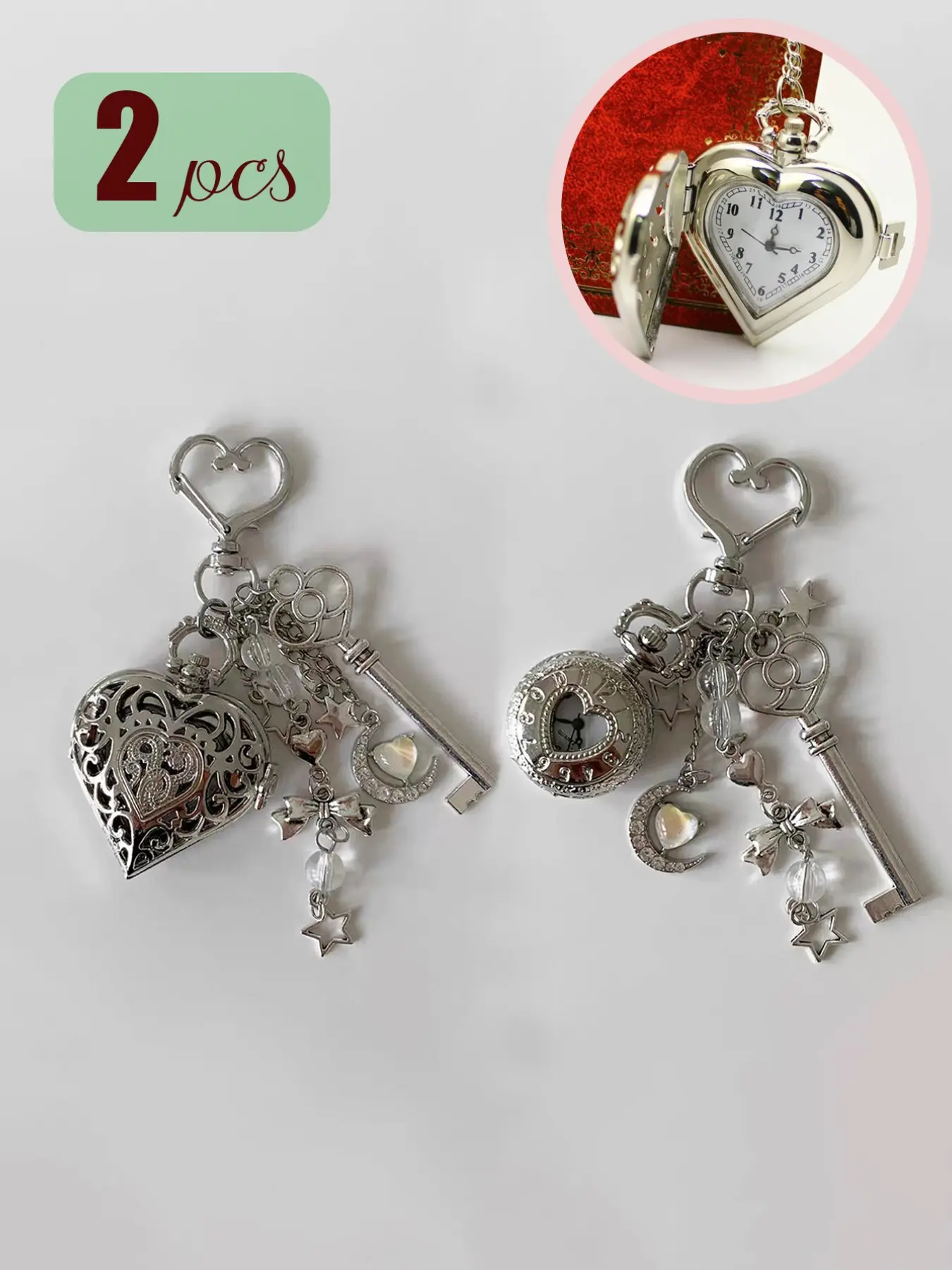 2 Piece Punk Style Metal Heart Keychain, Vintage Pocket Watch Opener, Star Moon Necklace Key, Retro Couple Pendant, Key Ring Accessory