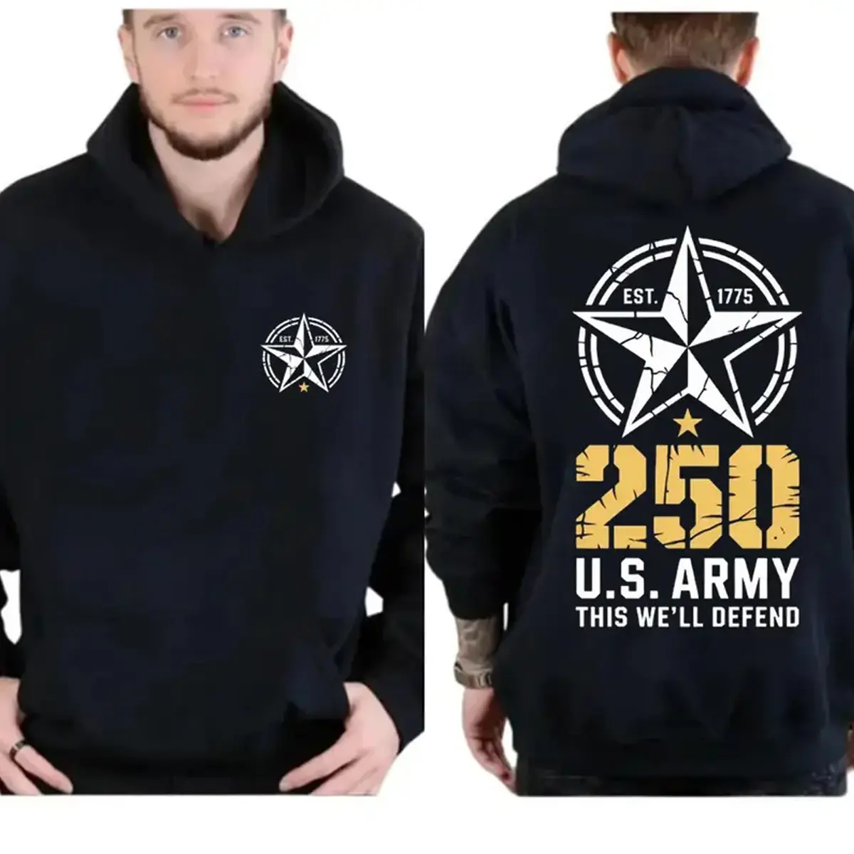 U.S. Army 250 Years Hoodie – Double Sided Military Pullover, Patriotic Veteran Sweatshirt, Est. 1775 Army Pride Hoodie, American Heritage Gift for Men & Women