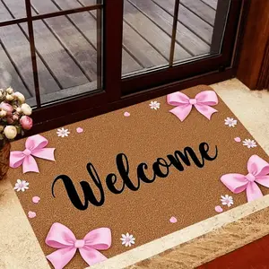 1pc Welcome Doormat with Black Cursive Font & Pink Bows Design - Machine-, Non-Slip Entryway Mat for Home Office Decor, Ideal Gift for Grandma, Floral Accents, Decorative Mat, Decorative Rug Mat