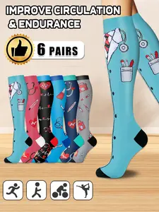 6 pairs of men's and women's breathable compression socks wide calf booster socks, for circulation, running, nurses, pregnant women, various colour patterns available, gift for nurse doctor, Sports Athletic Socks