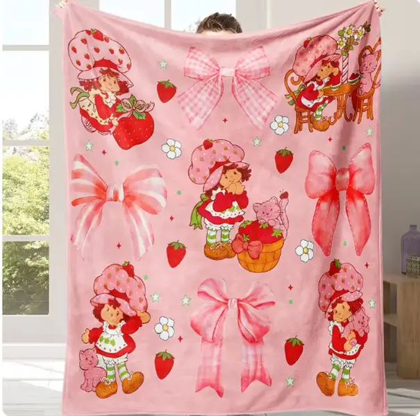 Super Soft Flannel Throw Blankets with Strawberry and Girl Cartoon Print, Cozy Contemporary Blanket for Bedroom and Travel, Ideal Family Gifts, Soft Blankets
