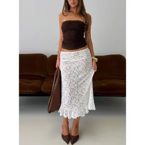 Toscani Lace Frill Midi Skirt White